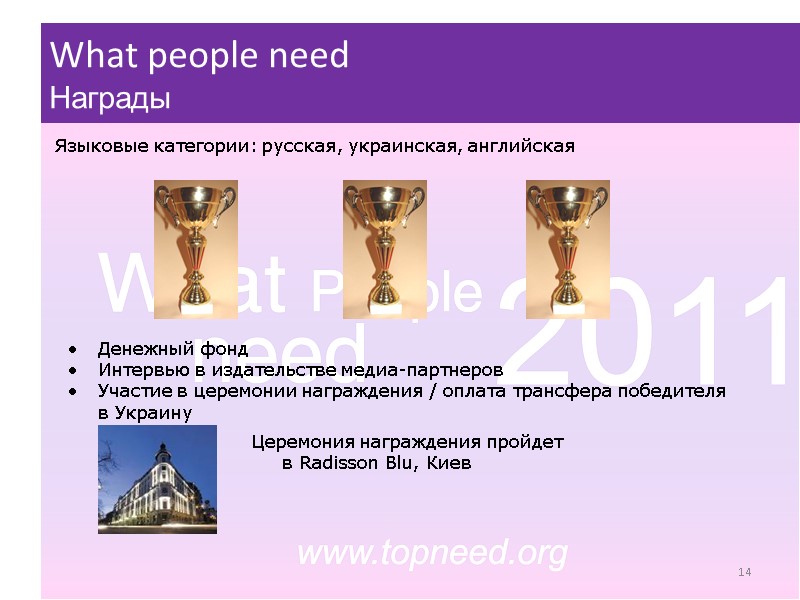 Языковые категории: русская, украинская, английская  Денежный фонд Интервью в издательстве медиа-партнеров Участие в